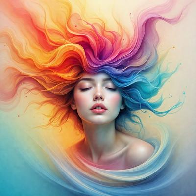 The primary subject of the image is a woman with long, colorful hair. She is the main focus of the image, and her hair is the most prominent feature. The setting is a colorful background, which adds to the overall atmosphere of the image. The visual style is a combination of photo and digital art, creating a vibrant and artistic representation of the woman. The colors and mood of the image are predominantly bright and lively, with the woman's hair being the main source of color and energy.